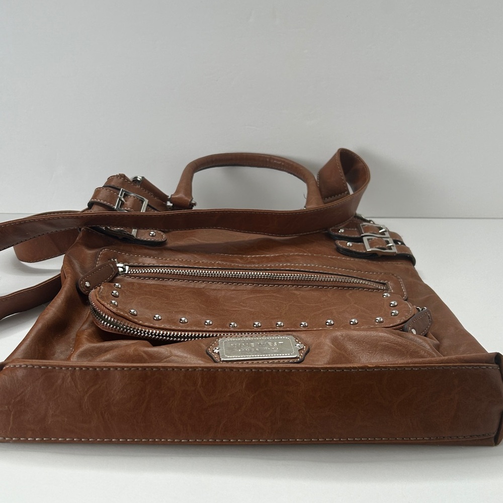 Nine West Brown Crossbody Bag Studs Zippers & Buckles Double Handle Purse - Picture 9 of 16